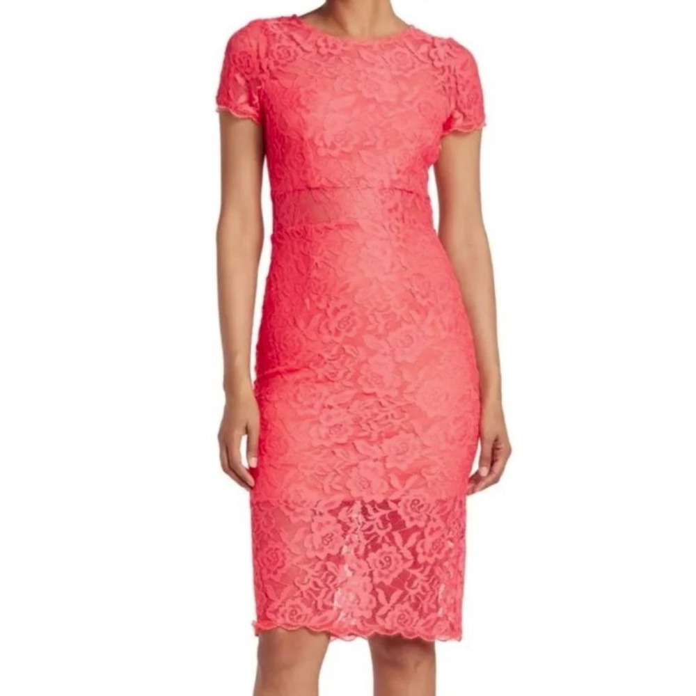 NSR Women's Strech Lace Peekaboo Short Sleeve Midi Dress in Coral Medium